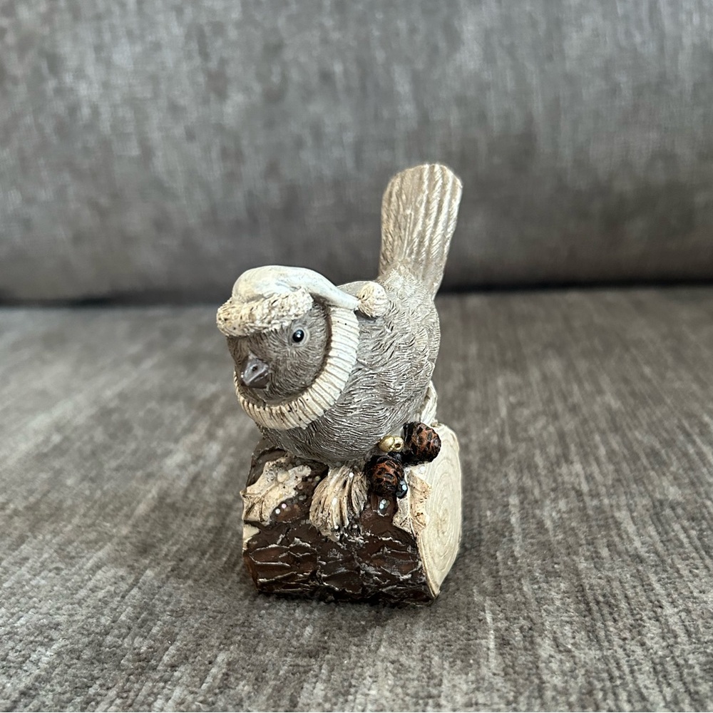 Decorative Winter Bird in Scarf & Hat Perched on Log